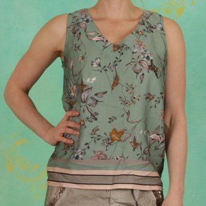CREAM Sage Green Lily Blake Birds & Flowers Viscose Tie Up Top Size 38 S Artsy